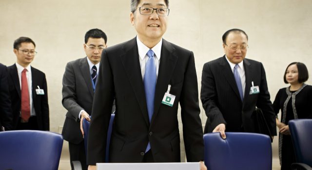 Chinese Vice-Foreign Affairs Minister Le Yucheng arrives for the Universal Periodic Review (UPR) of China by Human Rights Council, at the European headquarters of the United Nations in Geneva, Switzerland, Tuesday, November 6, 2018. (Salvatore Di Nolfi/Keystone via AP)